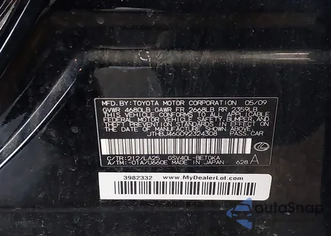 2009 Lexus Es 350 z USA, uszkodzony, nr VIN JTHBJ46G092324308